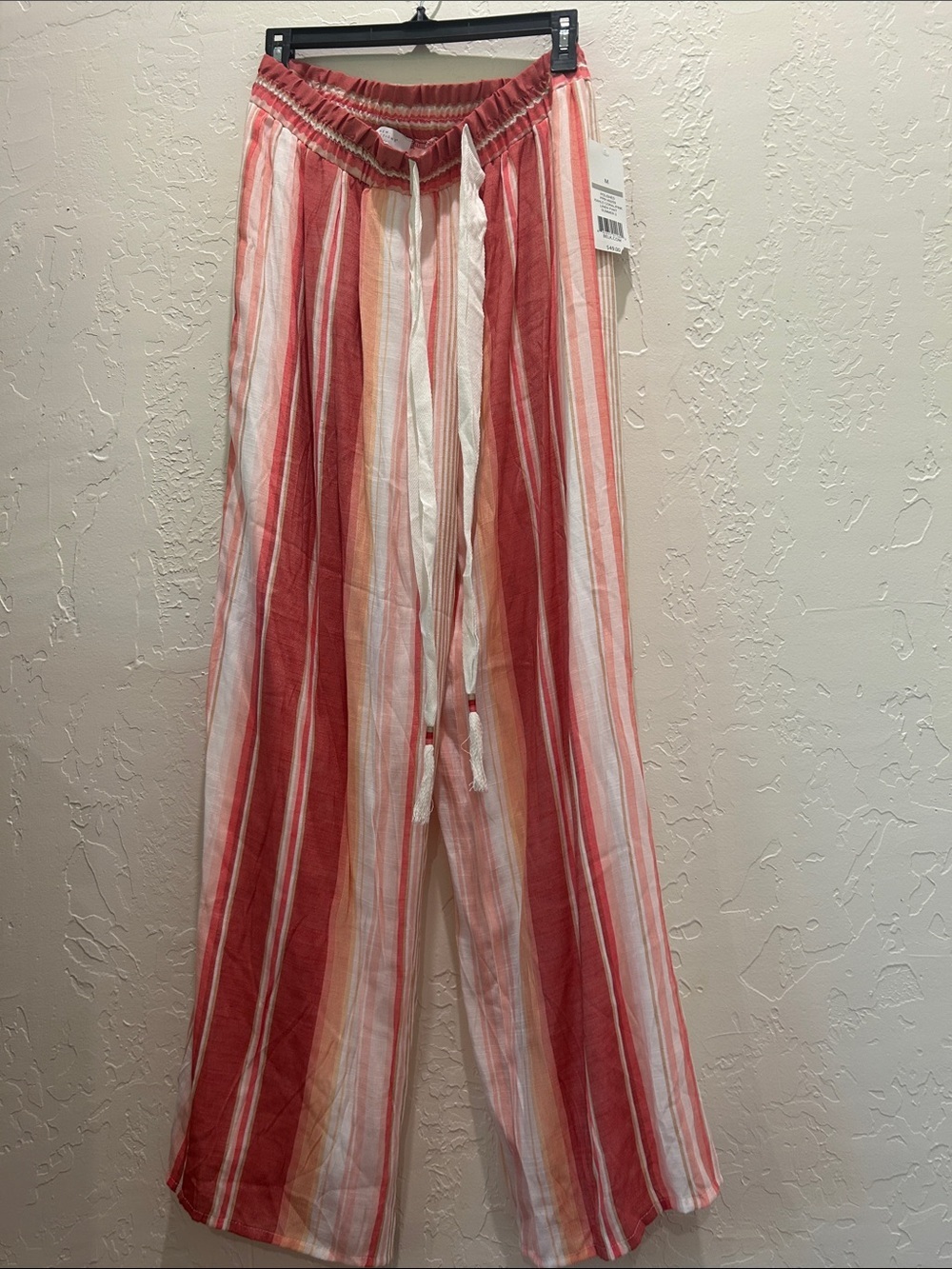 Striped Wide-Leg Drawstring Pants - Coral & White